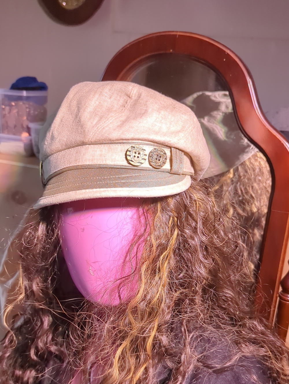 Beige Women's Baker Boy Hat with Decorative Buttons